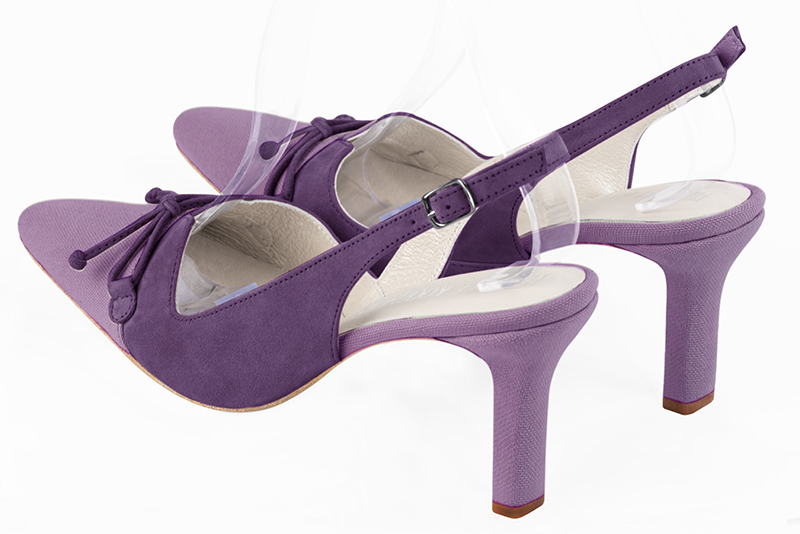 Amethyst purple women's open back shoes, with a knot. Tapered toe. High slim heel. Rear view - Florence KOOIJMAN
